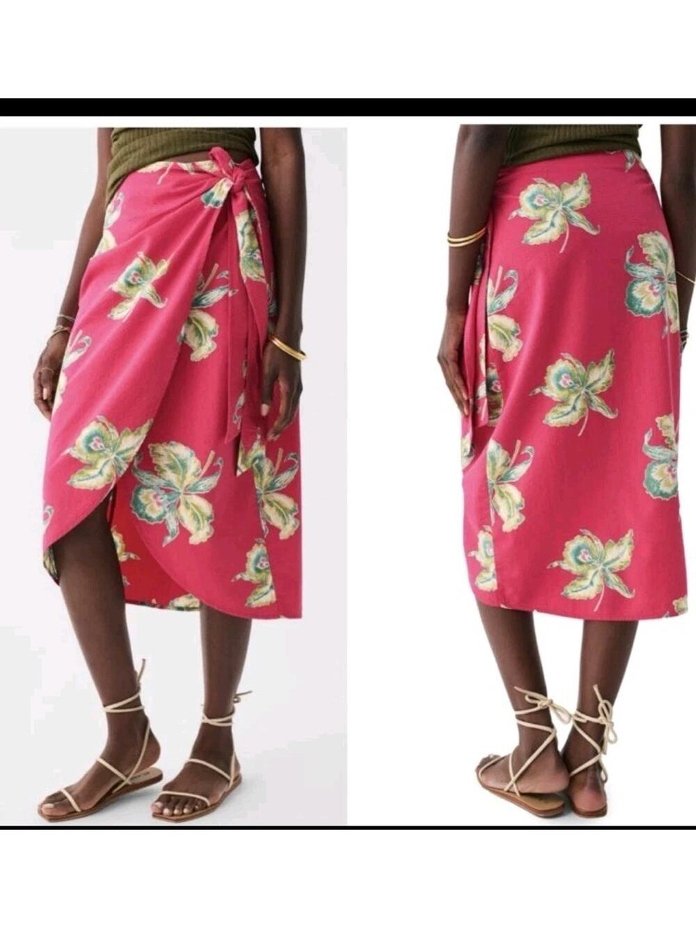 Faherty Pacifica Orchid Organic Cotton Pink Floral Wrap Midi Skirt New XS
